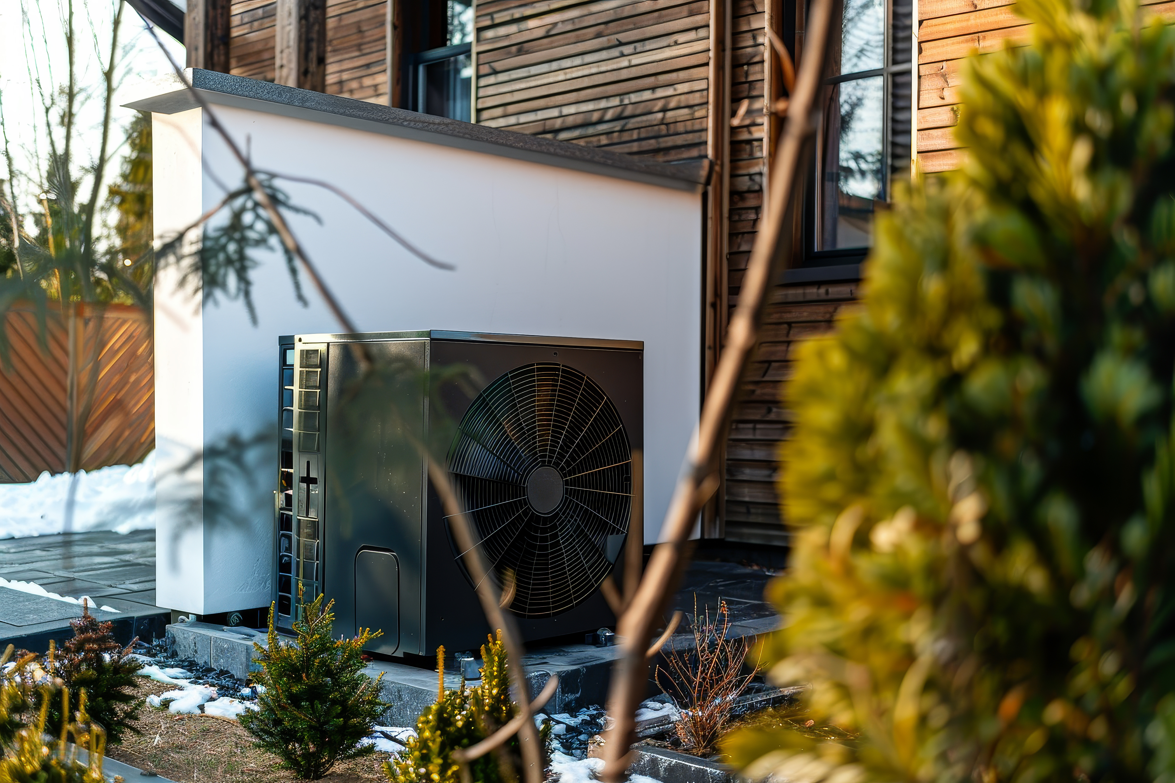 Black silver air conditioner sits porch