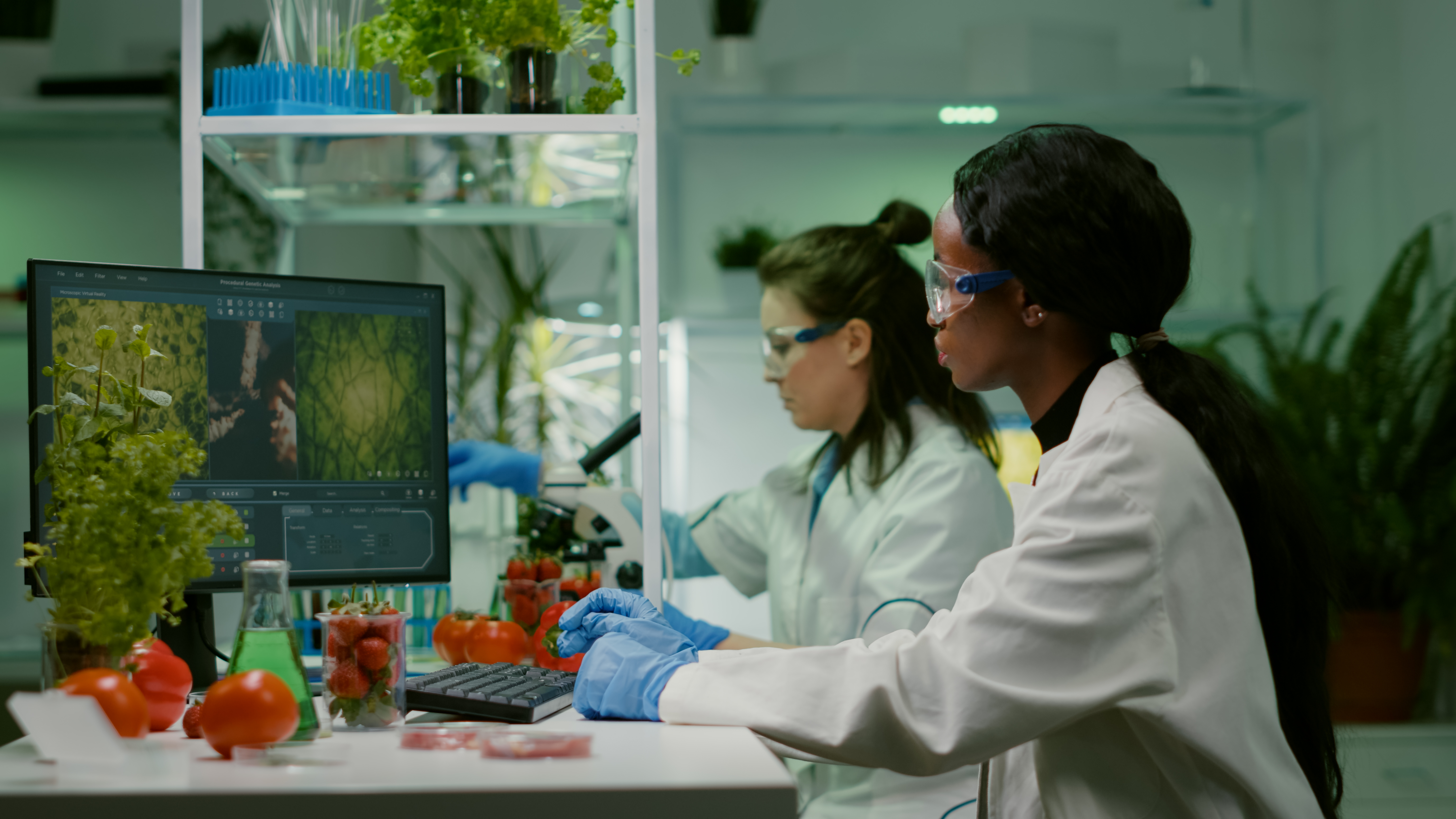 Chemist researcher injecting strawberry with organic dna liquid while working pharmaceutical farming laboratory