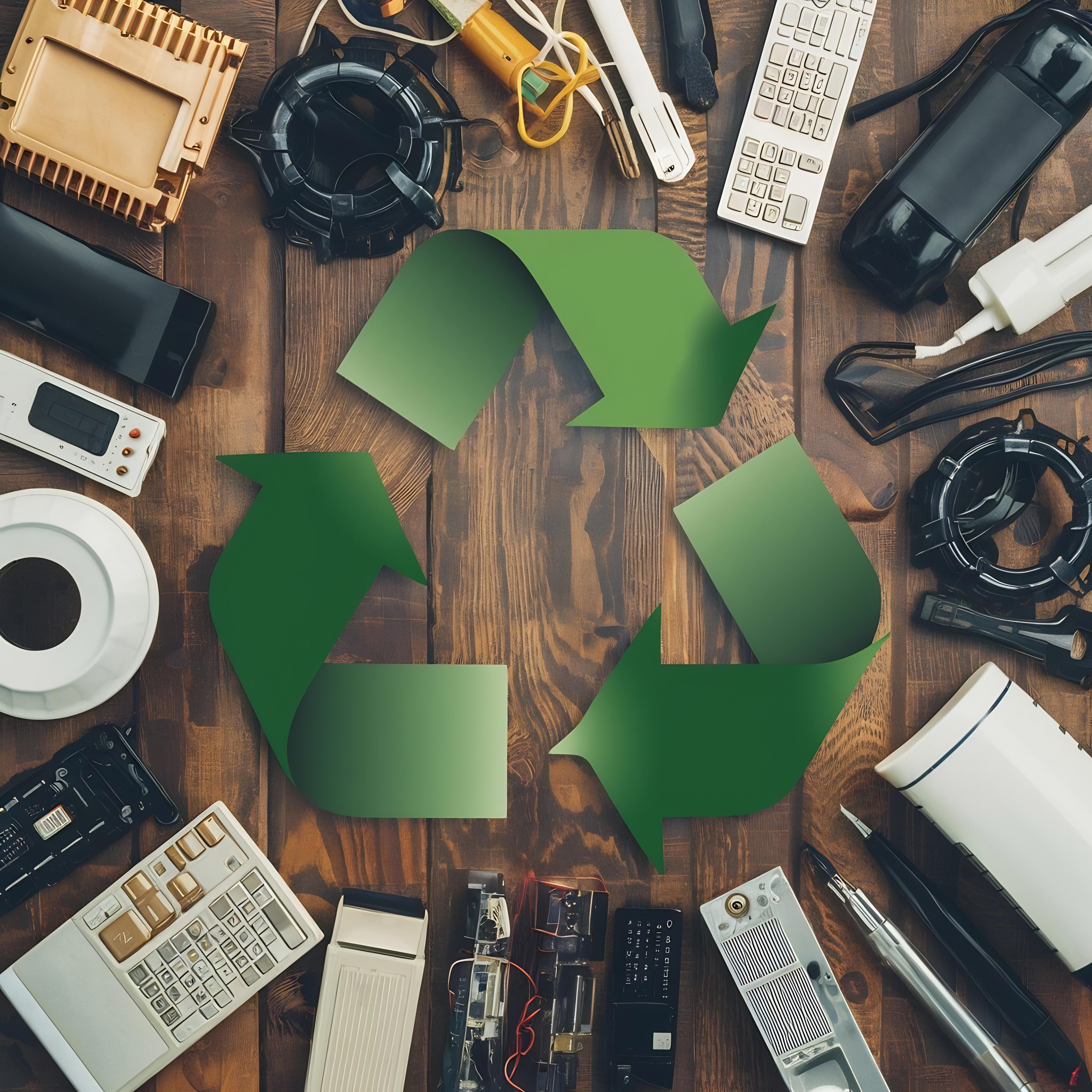 Old computers parts electronics standing center recycling symbol