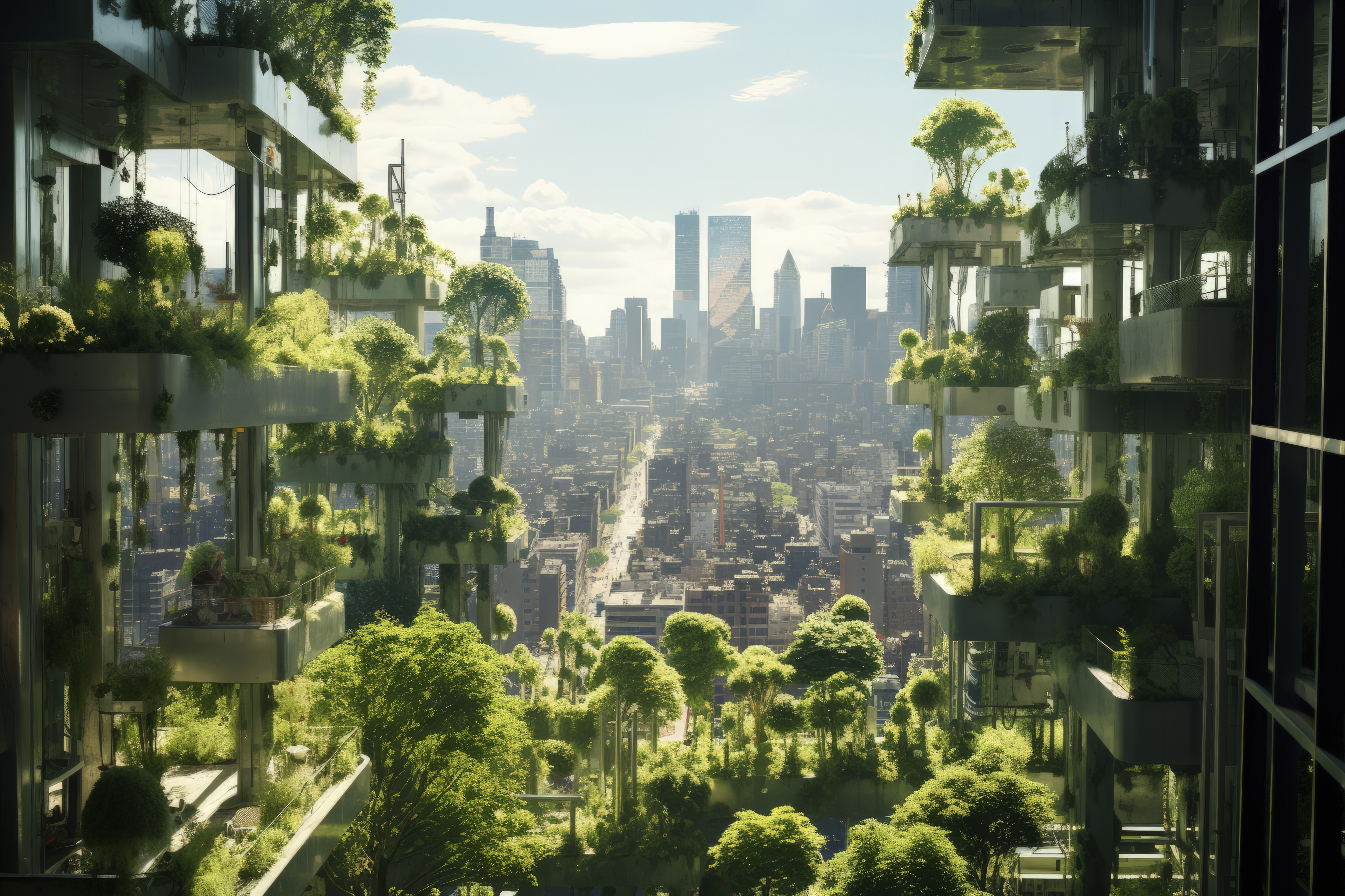 View futuristic city with greenery vegetation